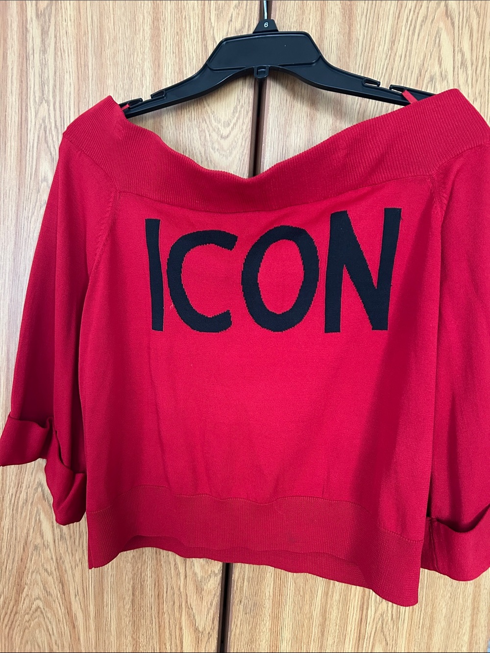 Red 'ICON' Women’s Sweater - Off-Shoulder Graphic Pullover